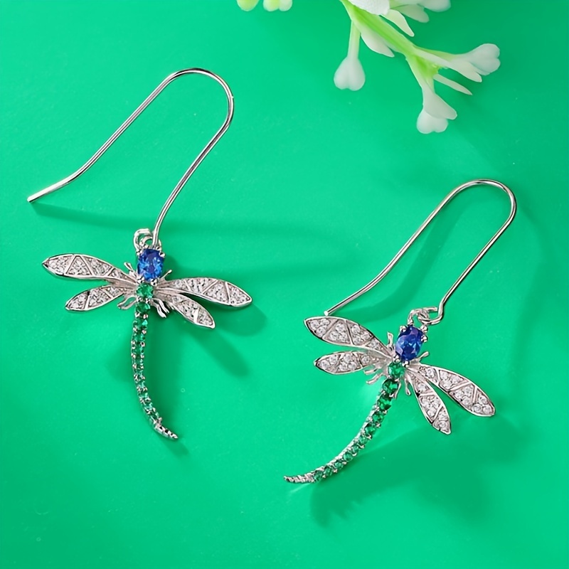 Dragonfly Drop Earrings with Green Zirconia Stone for Women